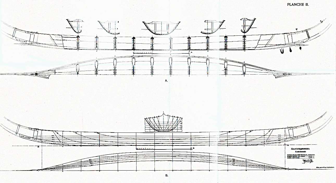 From all these many boat parts, the Norwegian ship engineer Fr. Johannesen in 1936 produced these drawings. <br>Planche II from the <i>Hjortspringfundet</i>.<br> They form the basis for: